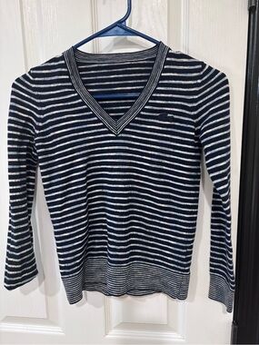 Lacoste Navy and White Striped V-Neck Sweater